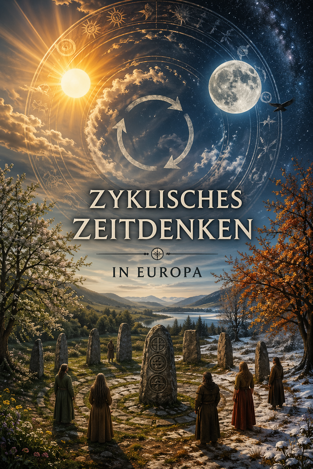 Zyklisches Zeitdenken in Europa dargestellt durch Sonne, Mond und Jahreszeitenkreis über einer Landschaft mit Steinkreis und Menschen im Ritual