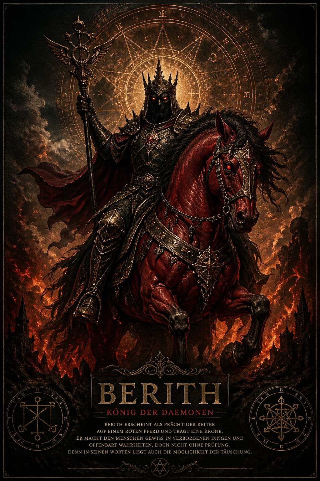 Berith Daemon Bedeutung Darstellung als gepanzerter Reiter auf rotem Pferd mit okkulten Symbolen und dunkler Feuerkulisse