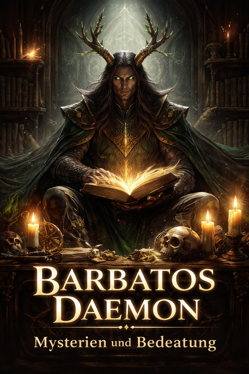 Barbatos Daemon als mystische Gestalt mit Hoernern in dunkler Bibliothek, umgeben von Magie, Buch und Symbolen der Ars Goetia