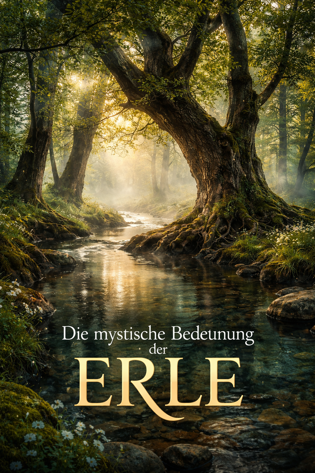 Erle Baum Bedeutung Mythologie Europa – Erlenbaum am Wasser im nebeligen Wald mit mystischer Atmosphäre