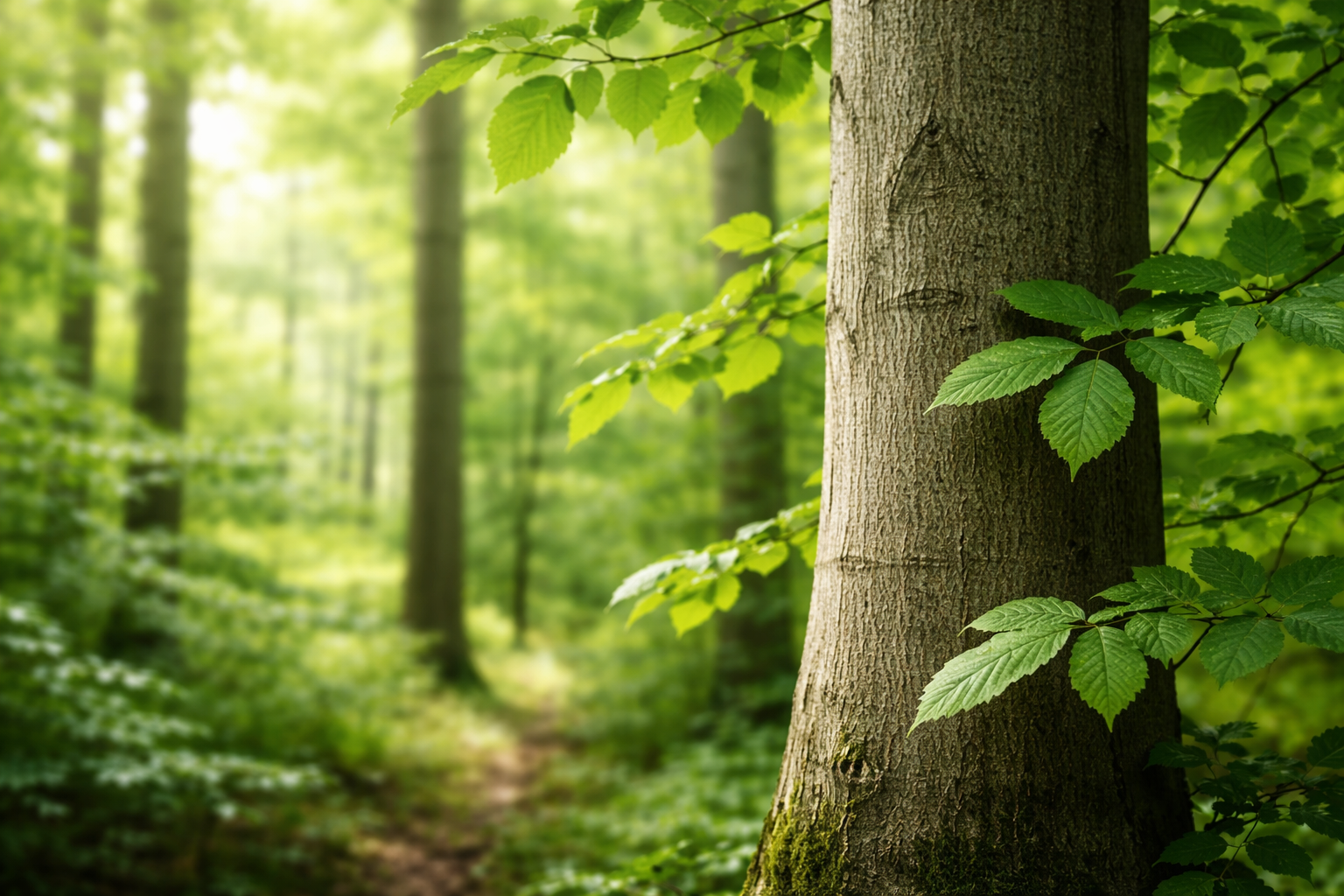 Hainbuche im Wald mit glatter Rinde und grünen Blättern im weichen Licht eines ruhigen Laubwaldes