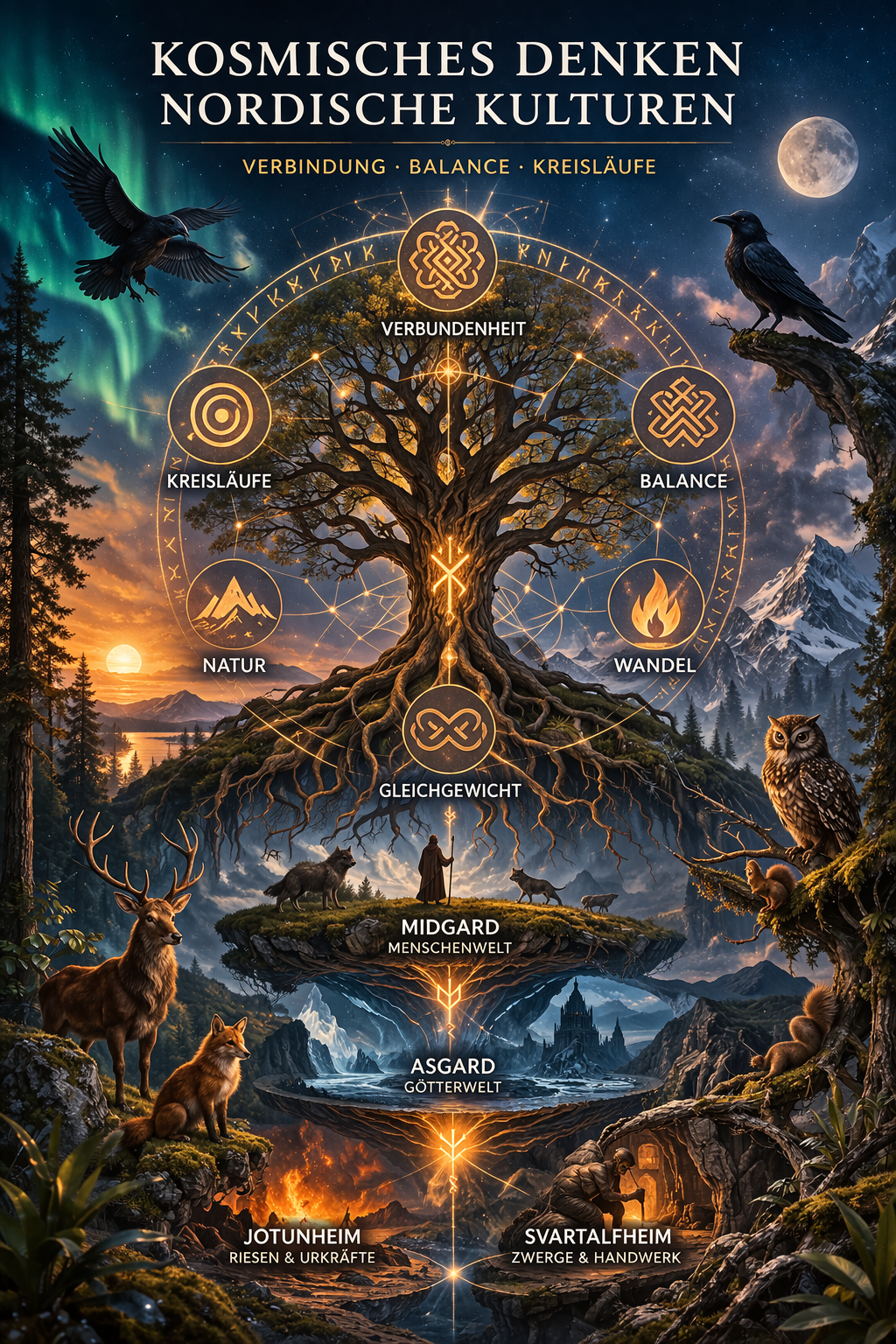 Kosmisches Denken nordische Kulturen dargestellt durch Yggdrasil Weltenbaum mit nordischer Mythologie, Runen, Asgard, Midgard und symbolischer Verbindung von Natur, Göttern und kosmischer Ordnung