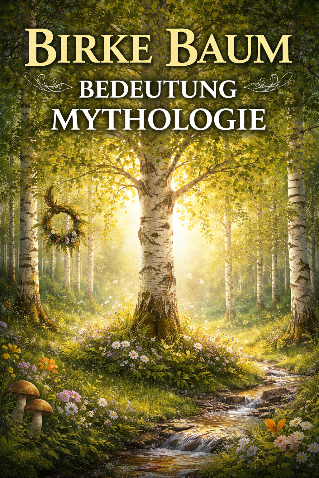 Birkenwald mit leuchtendem Baum im Zentrum, Symbol für Birke Baum Bedeutung Mythologie, Neubeginn, Reinigung und spirituelle Kraft im Wald als Wissensraum