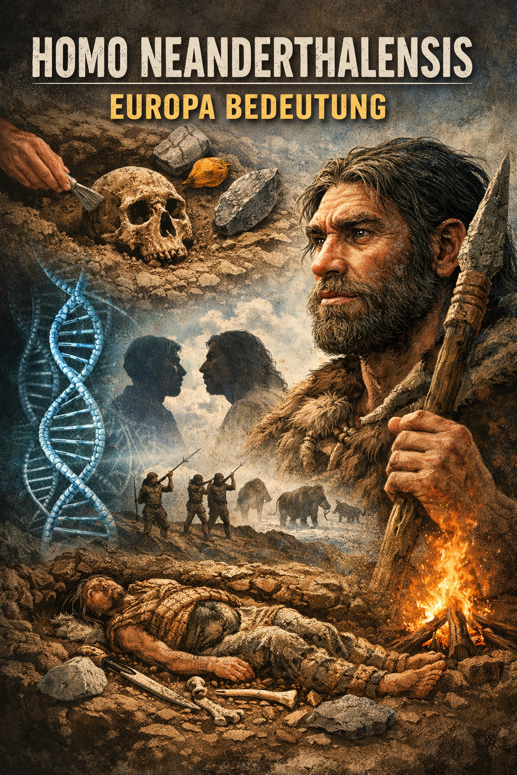 Homo neanderthalensis Europa Bedeutung – Neandertaler in eiszeitlicher Landschaft mit Werkzeugen, Jagdszene und archäologischen Funden