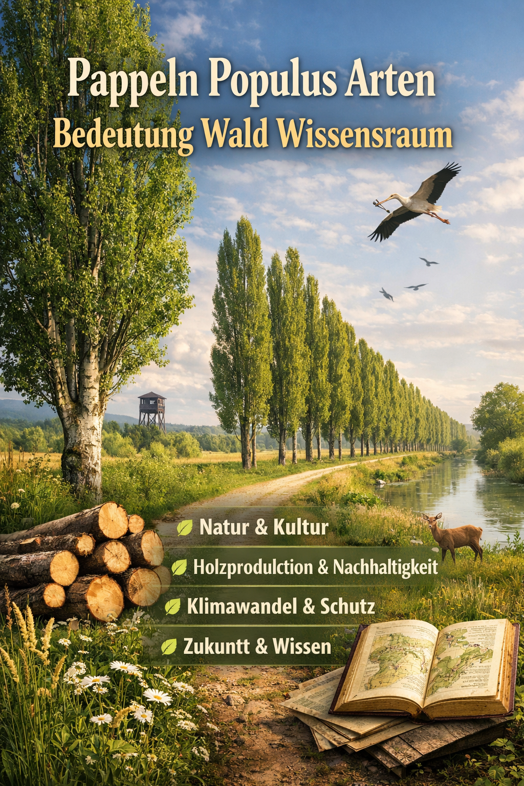 Pappeln Populus Arten Bedeutung Wald Wissensraum – Baumreihe an Flusslandschaft mit Tierwelt, Holz und Natur als Symbol für Biodiversität und Nachhaltigkeit