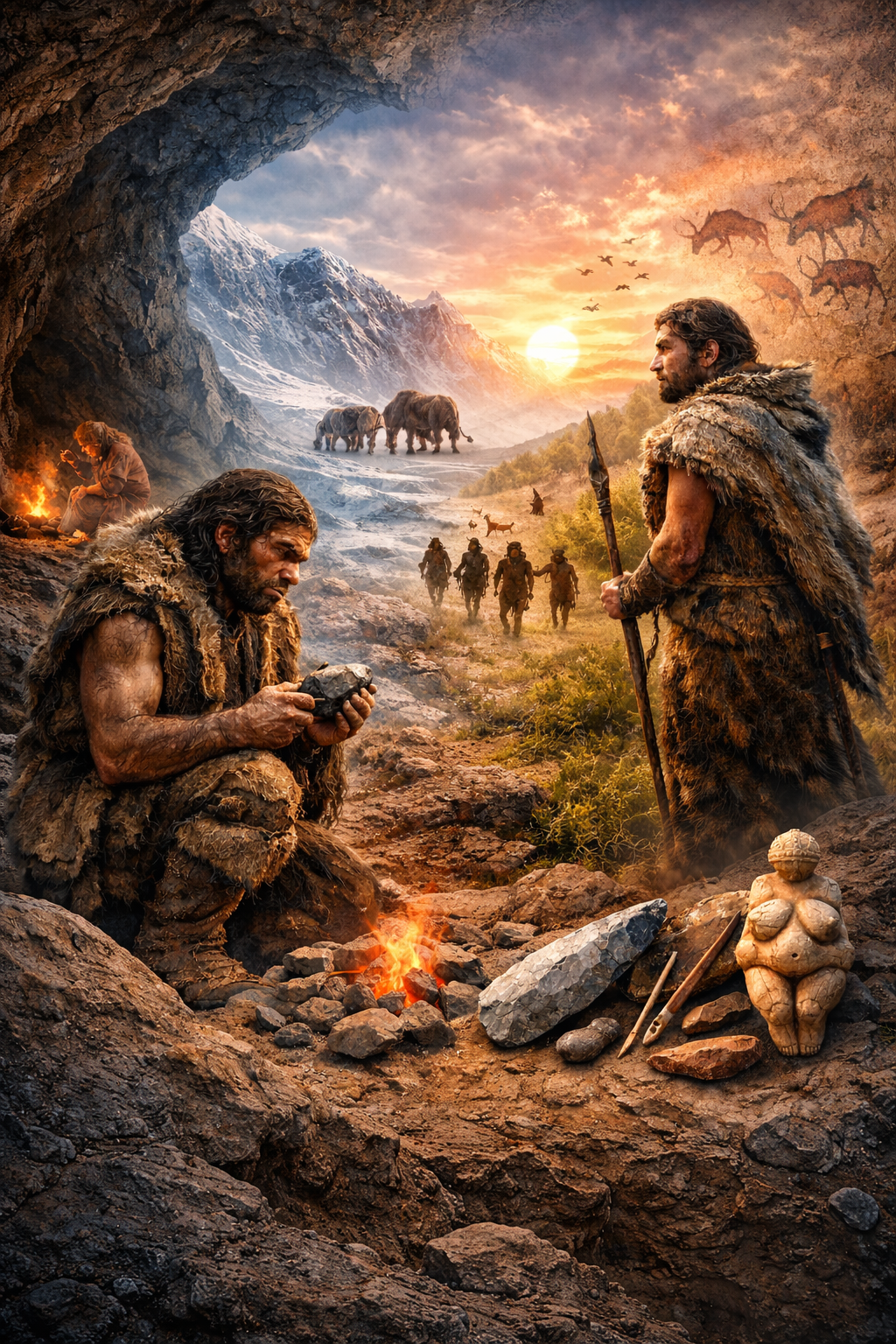 Menschen im Mittleren Paläolithikum in Europa mit Neandertaler am Feuer, Homo sapiens mit Speer, Steinwerkzeugen, Höhlenmalerei und Eiszeitlandschaft im Hintergrund