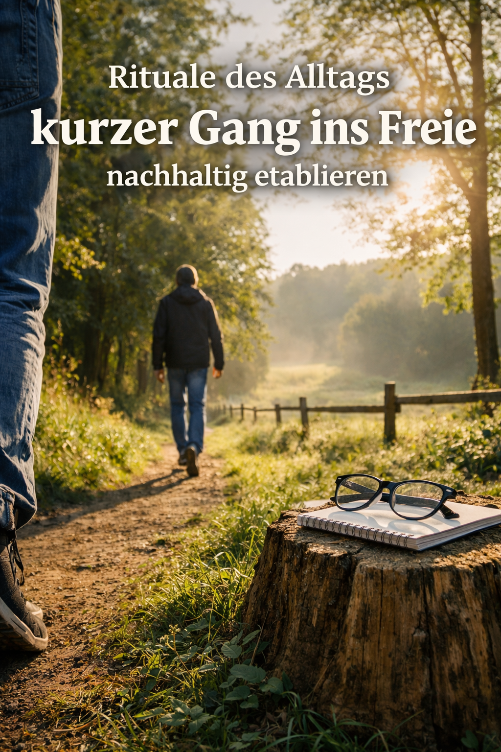Rituale des Alltags kurzer Gang ins Freie – Person geht auf einem sonnigen Waldweg, umgeben von Natur, als Symbol für Achtsamkeit und mentale Klarheit