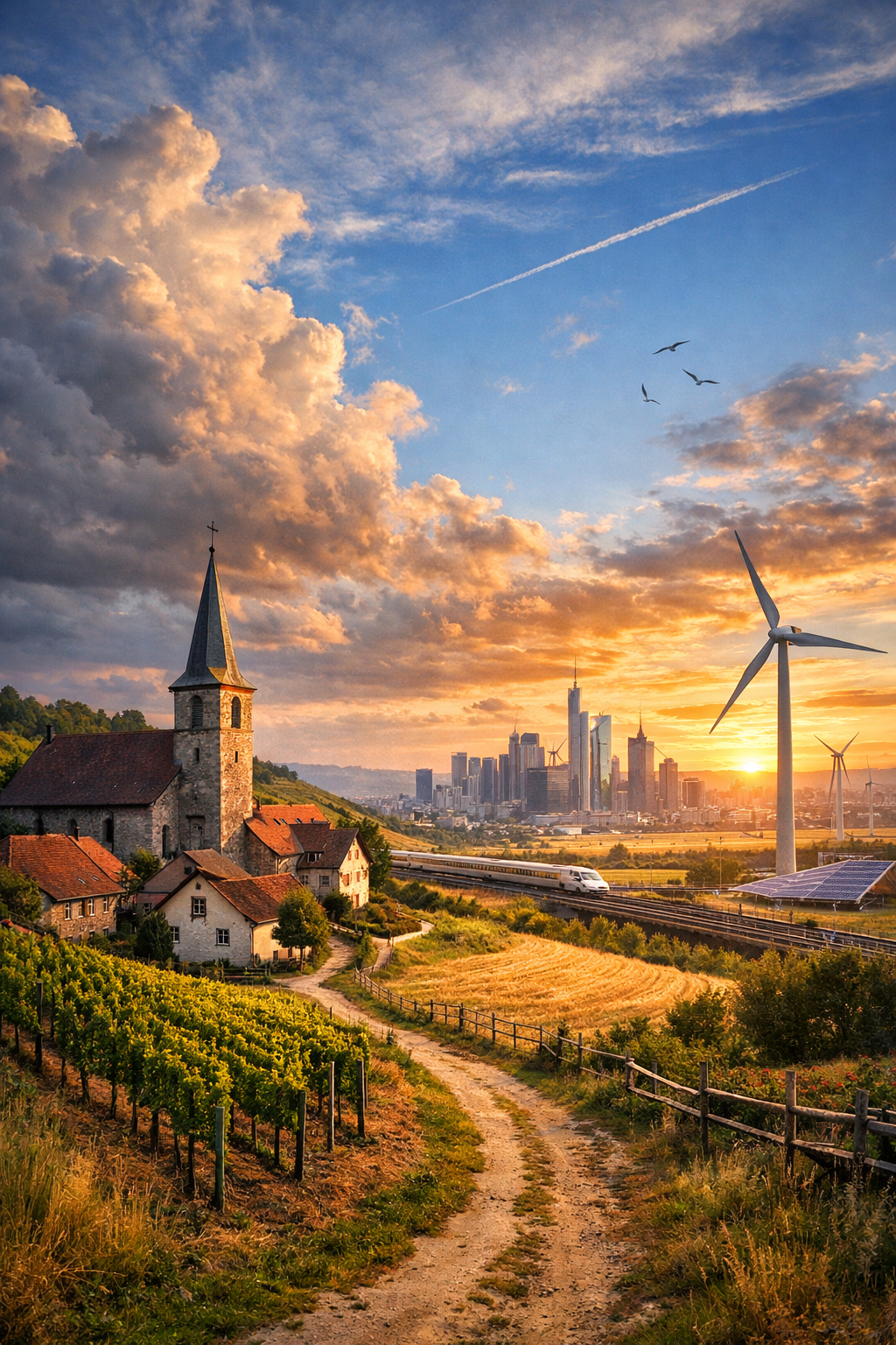 Himmel ueber der Kulturlandschaft Europa Bedeutung mit Dorf, Feldern, Windraedern und moderner Stadt unter dramatischem Himmel