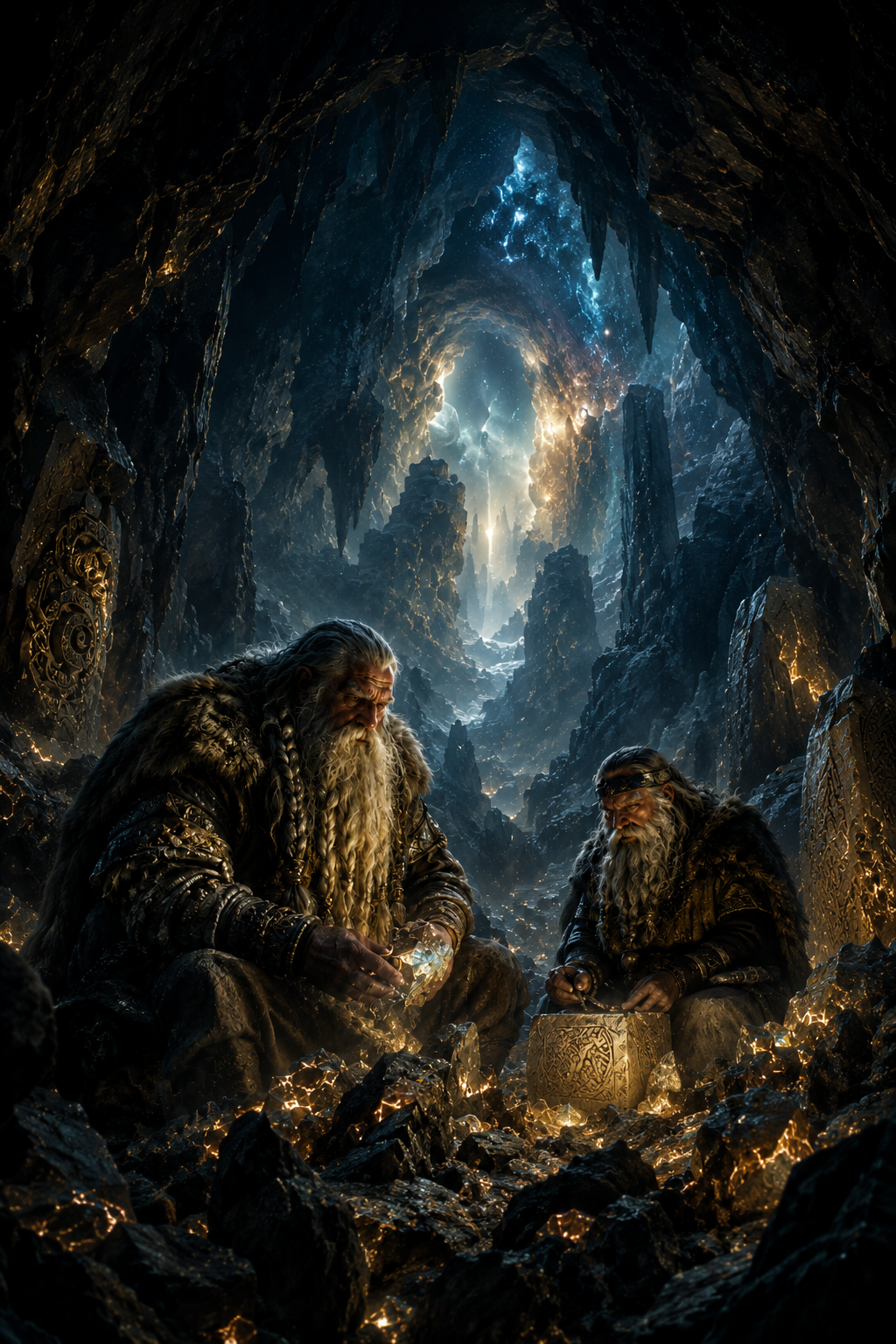 Urzwerge der Schoepfung in einer mystischen Hoehle der nordischen Mythologie mit Erde Stein Runen und goldenem Licht