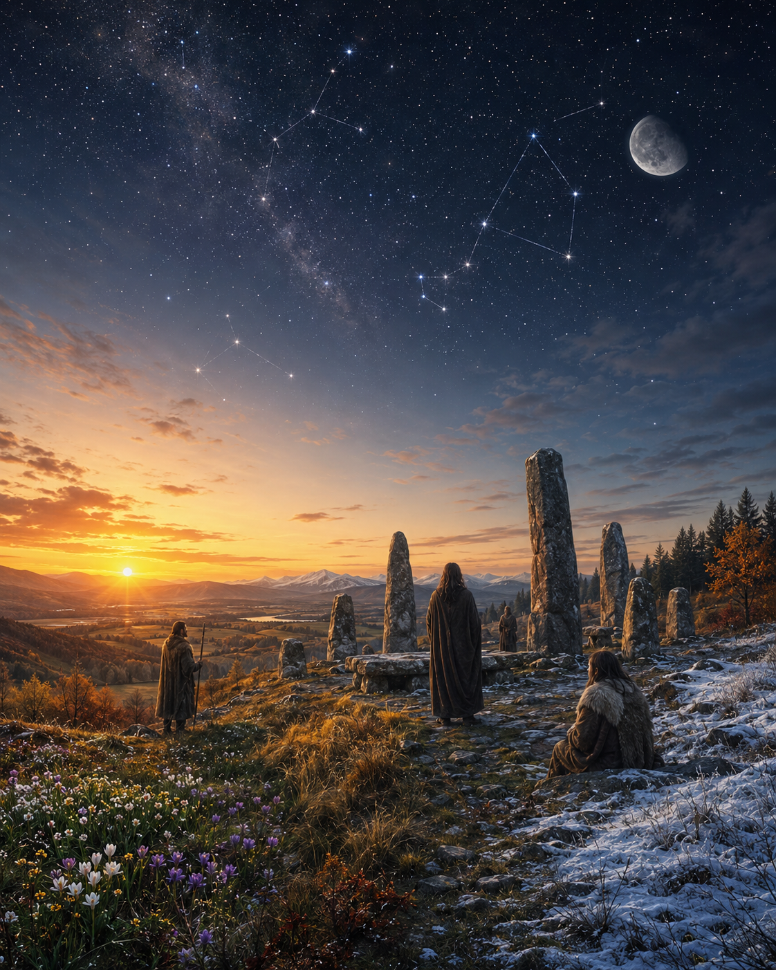 Jahreslauf und Himmelsbeobachtung in Europa mit Steinkreis, Sonnenaufgang, Mond, Sternbildern und alten Himmelsbeobachtern in einer europäischen Landschaft.