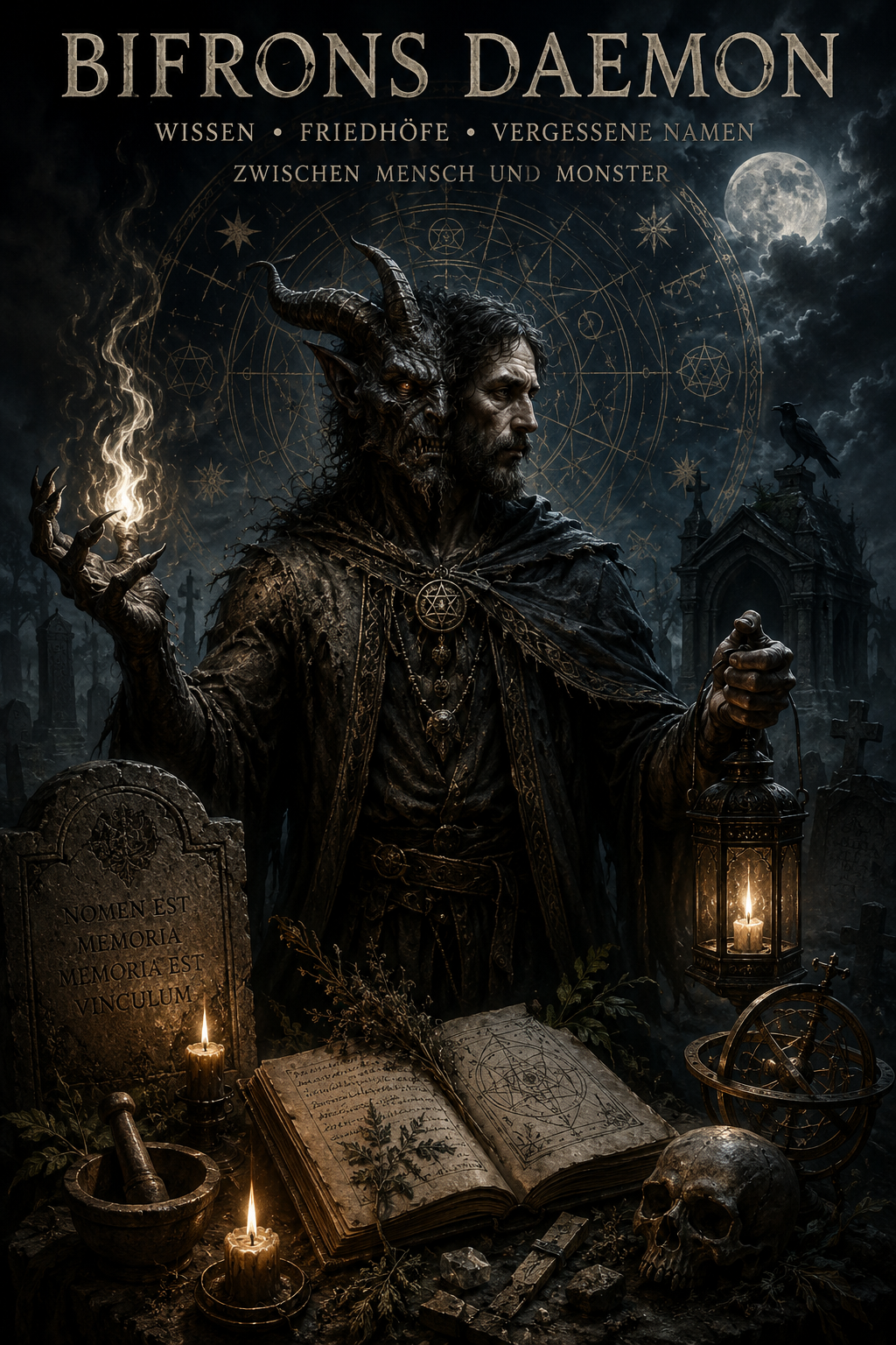 Bifrons Daemon als zweigesichtige Gestalt auf einem dunklen Friedhof mit Grablichtern, alten Namen, okkulten Zeichen und verborgenem Wissen im Hintergrund.