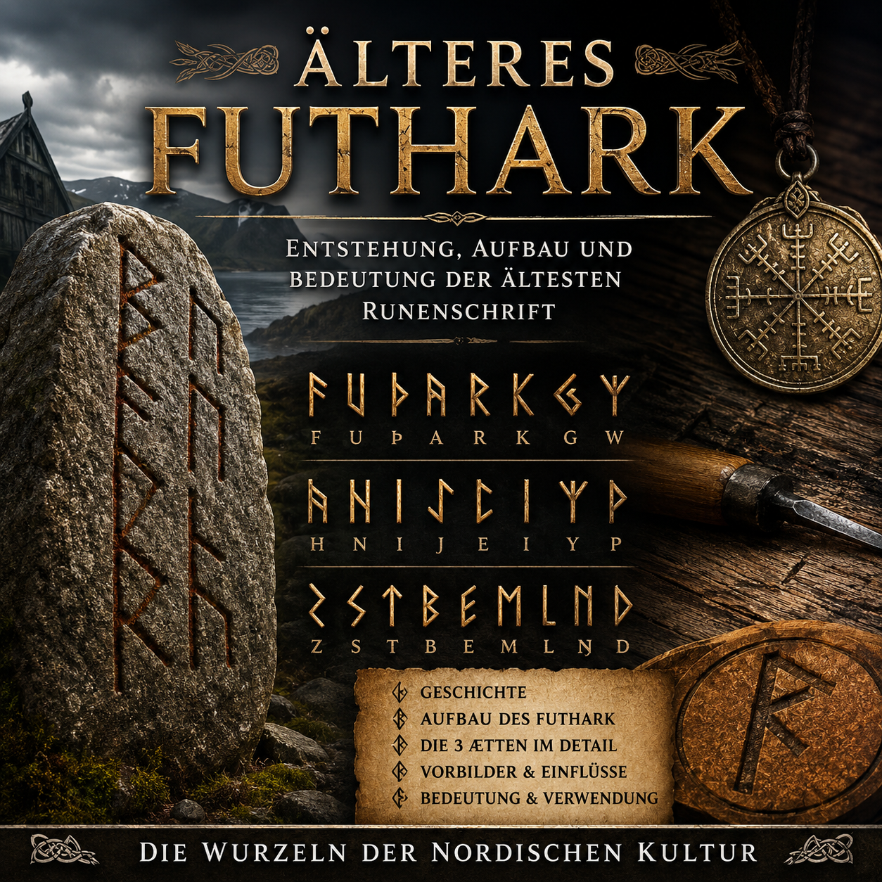 Illustration zum Älteren Futhark mit Runenstein, den 24 Runen des ältesten germanischen Runenalphabets, nordischen Symbolen, Wikinger-Artefakten und historischer Landschaft. Darstellung der Geschichte, Entstehung, Struktur und Bedeutung der germanischen Runenschrift.