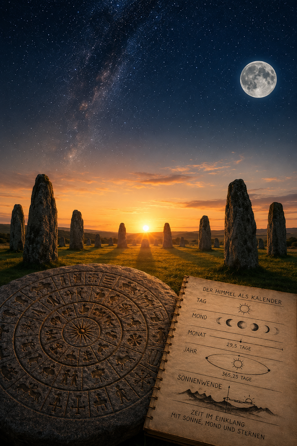 Der Himmel als Kalender mit Steinkreis, Sonnenaufgang, Vollmond, Sternenhimmel und Darstellung früher Zeitrechnung