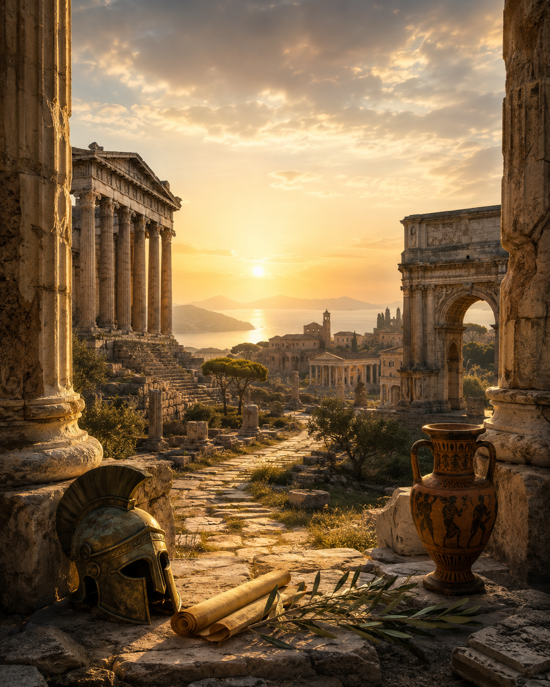 Antike mit griechischem Tempel, römischem Triumphbogen, Amphore, Schriftrolle und Helm im goldenen Morgenlicht