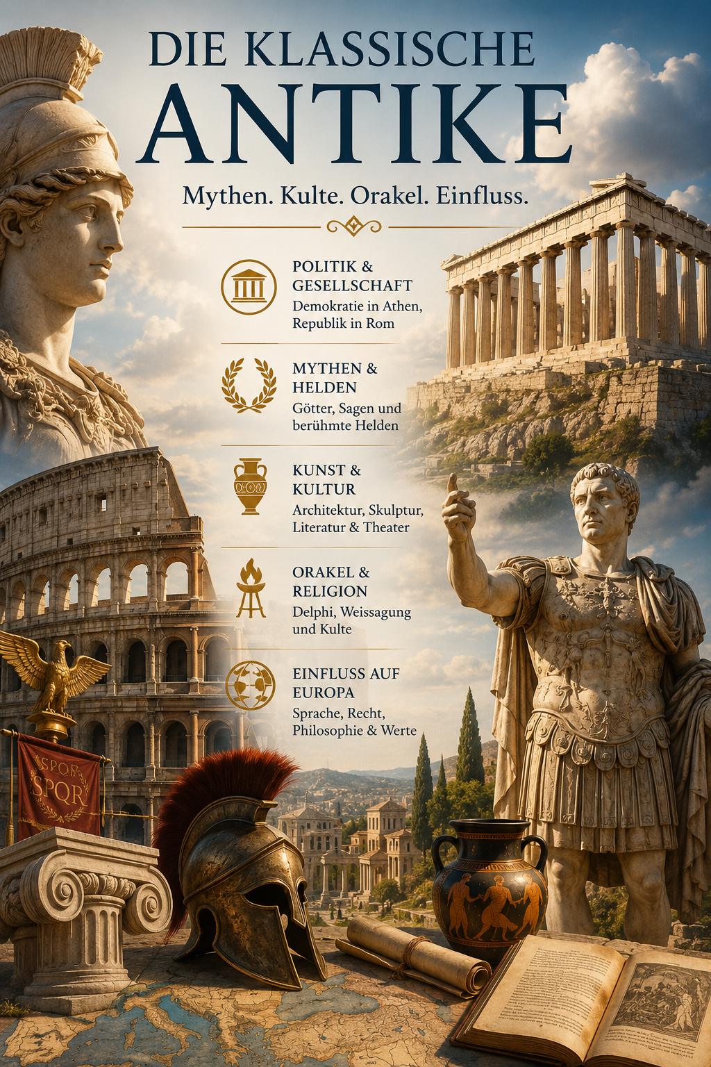 Klassische Antike mit Parthenon, Kolosseum, antiken Statuen, Helm, Vase und Symbolen für Politik, Mythologie, Religion und Kultur.