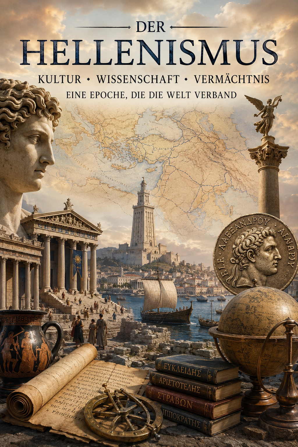 Hellenismus mit Alexander dem Großen, antiker Stadt, Leuchtturm von Alexandria, griechischer Kunst, Wissenschaft und Handel