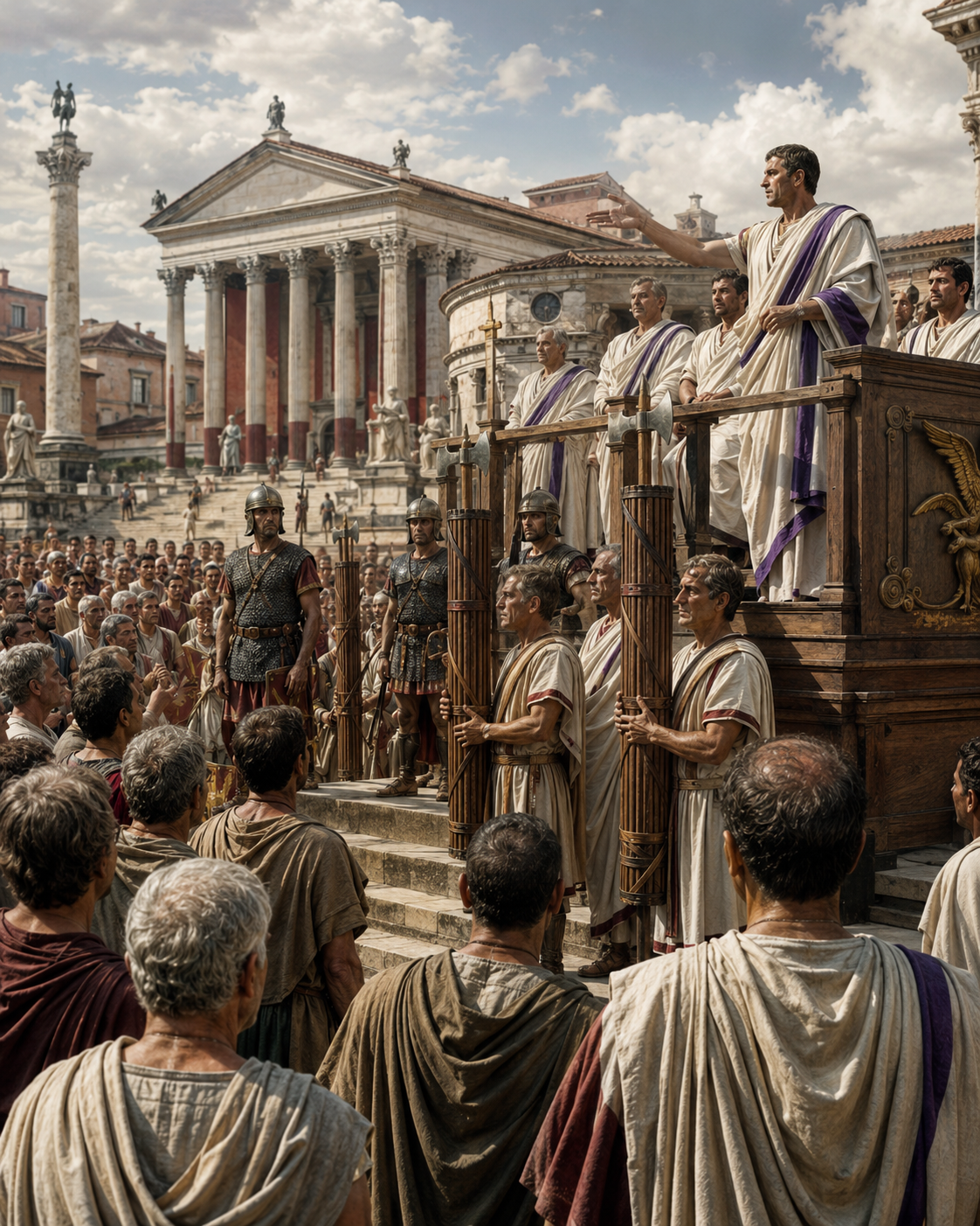 Öffentliche Versammlung der Roemische Republik im Forum Romanum mit Senatoren, Liktoren, Soldaten und römischen Bürgern.