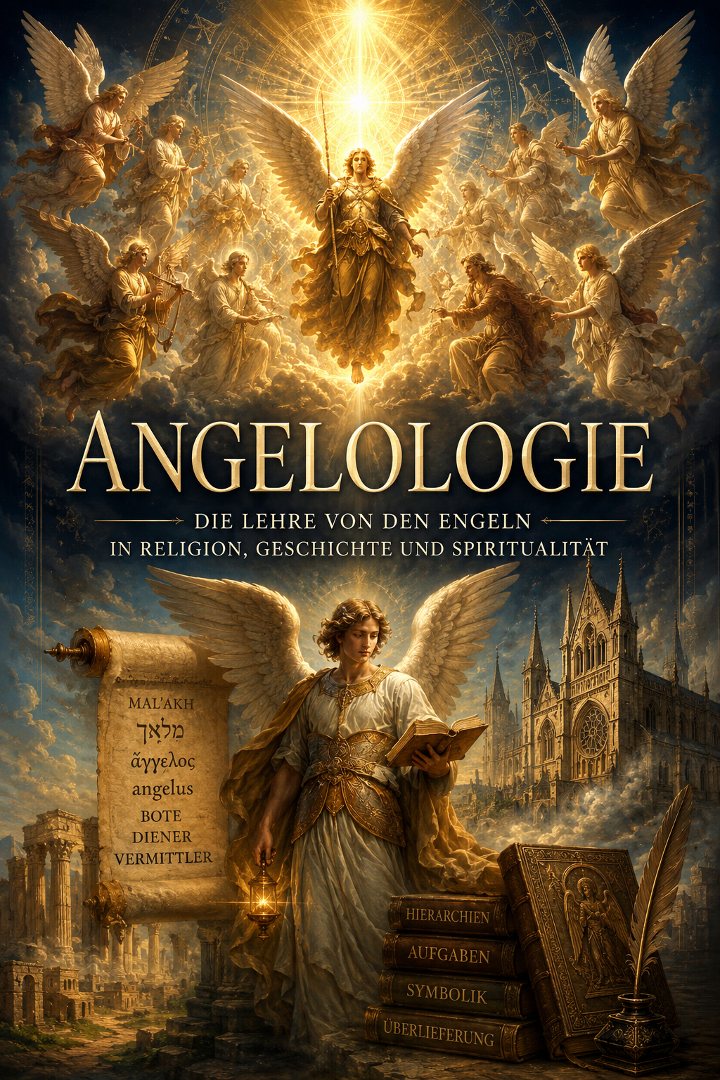Angelologie mit Engeln, himmlischem Licht, alten Schriften und einer gotischen Kathedrale als Symbol der europäischen Engellehre