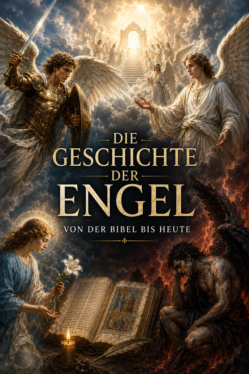 Geschichte der Engel mit himmlischen Heerscharen, Erzengel Michael, gefallenen Engeln und einer alten Bibel.