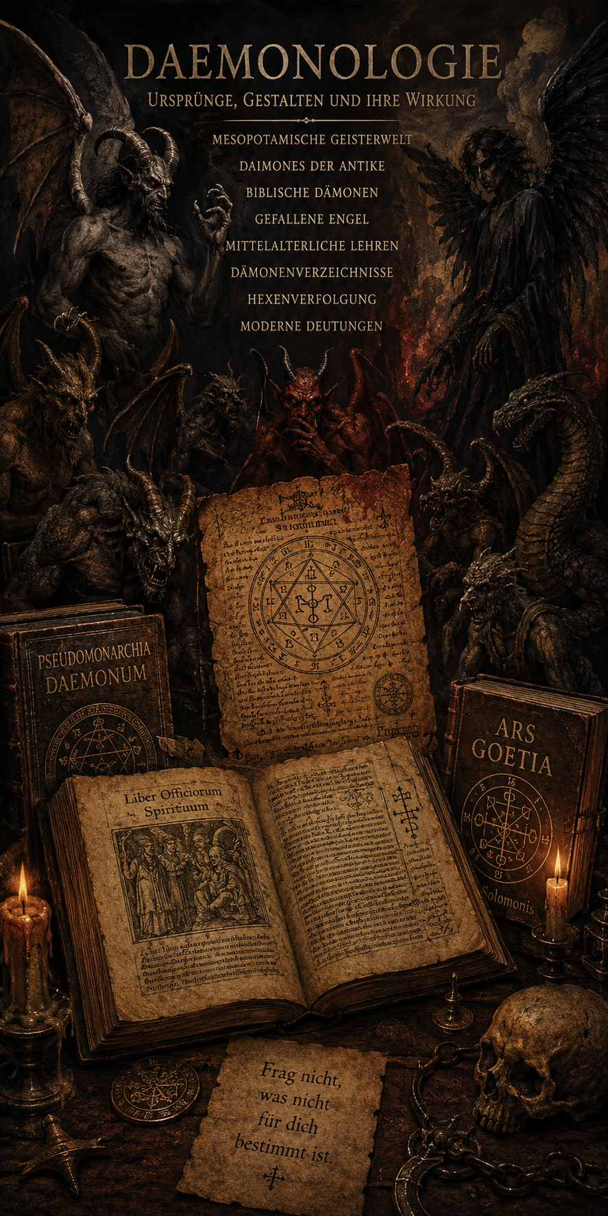 Urspruenge der Daemonologie mit alten Handschriften, daemonischen Gestalten und historischen Daemonenverzeichnissen.