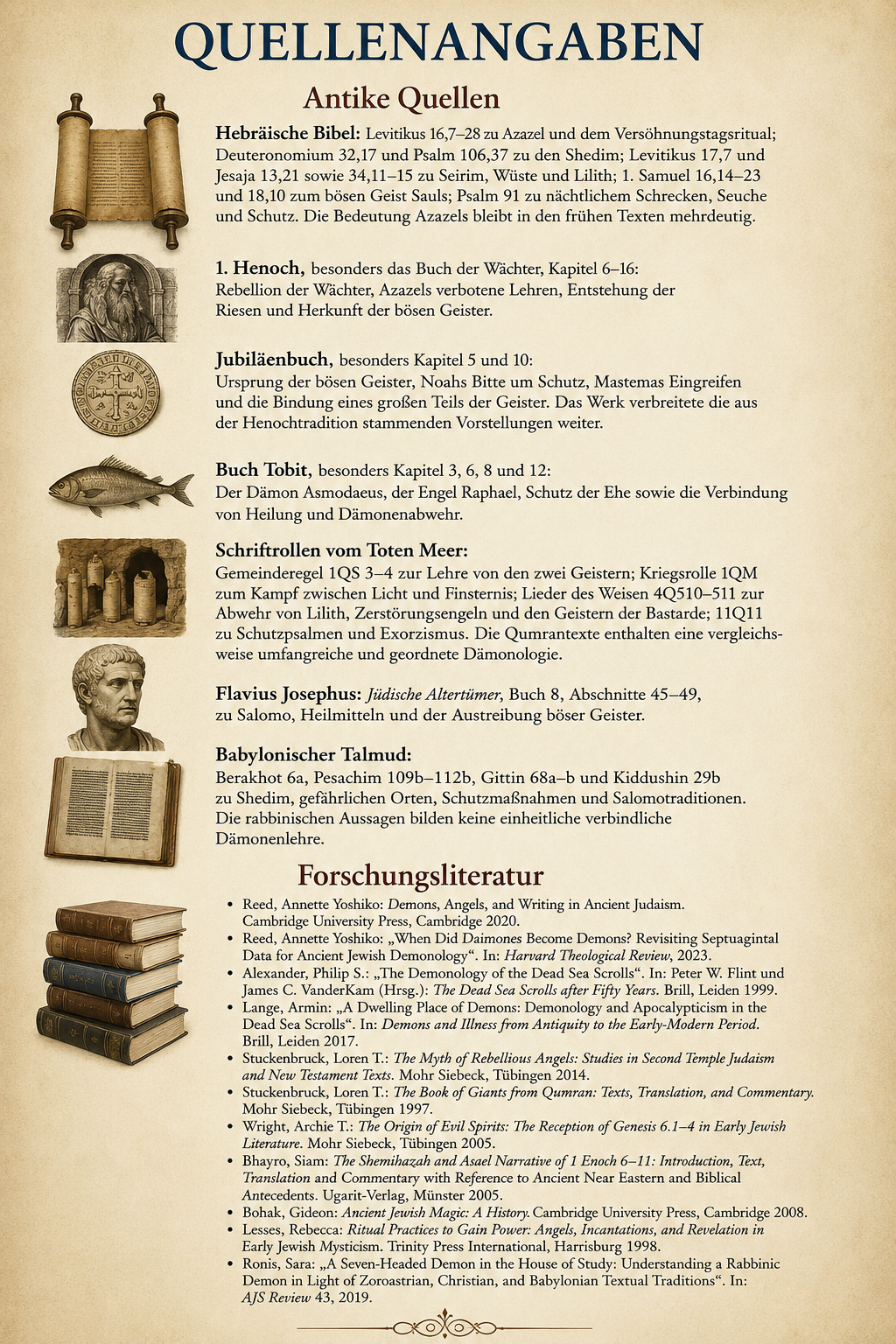 Alt-Text: **Daemonen im antiken Judentum mit Schriftrollen, Schutzzeichen und historischen Quellen**