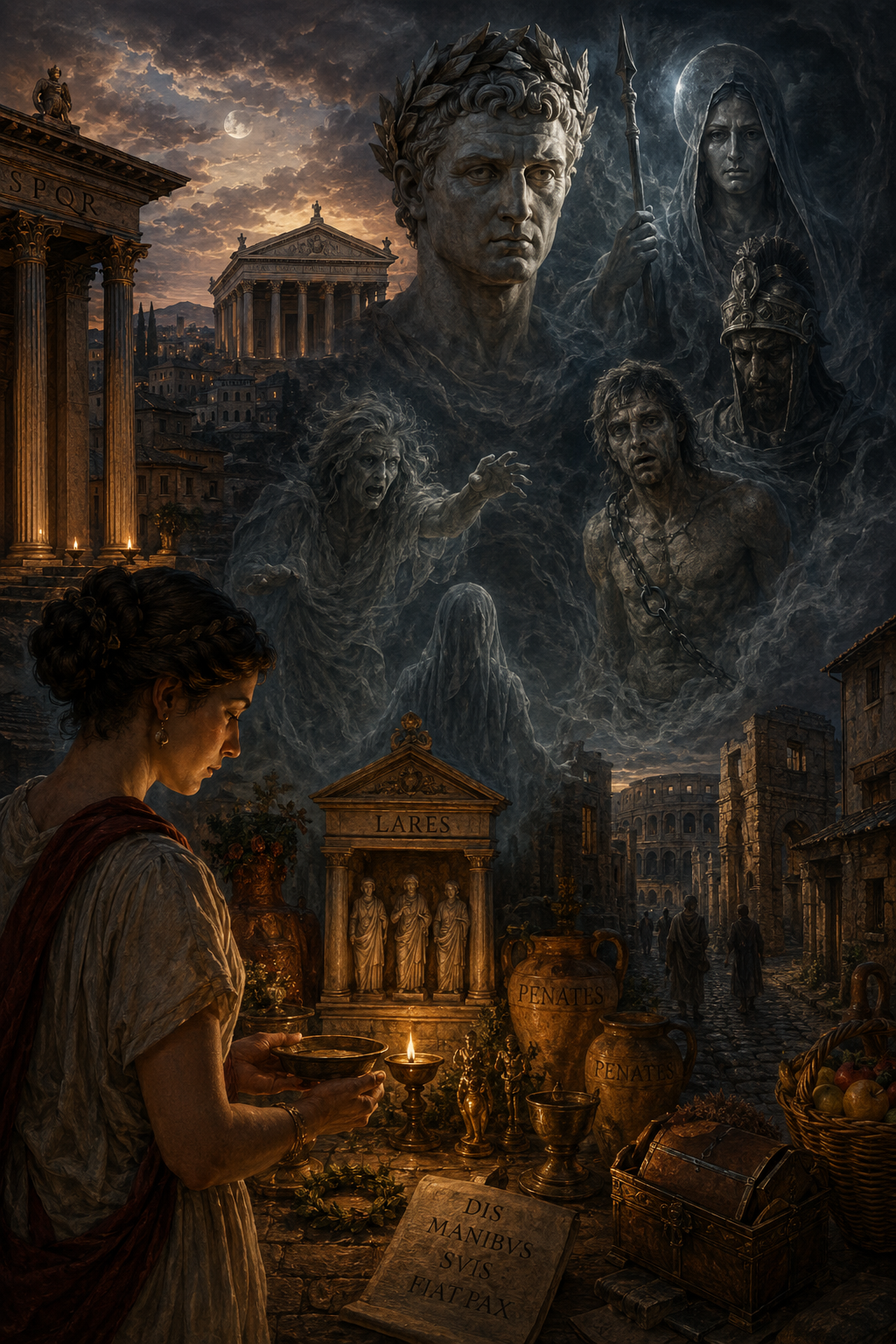 Daemonen im alten Rom mit Laren, Penaten, Totengeistern und römischem Hausaltar