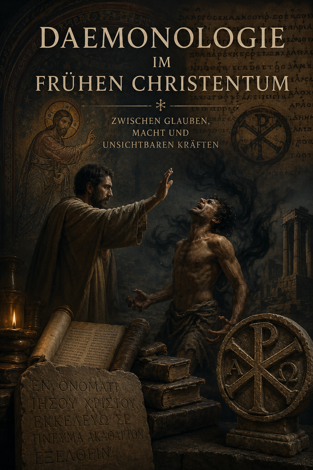 Daemonologie im fruehen Christentum mit Exorzismus, Christusmonogramm und antiken Schriftrollen