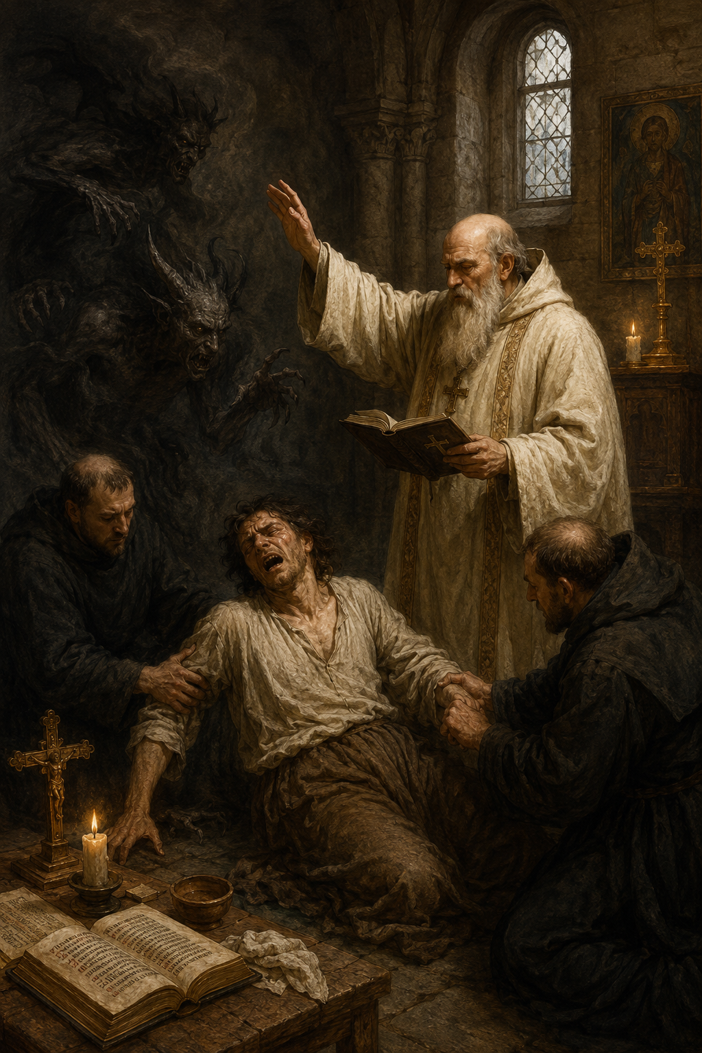 Daemonologie des fruehen Mittelalters mit Moench, Exorzismus und daemonischen Erscheinungen in einer steinernen Kirche
