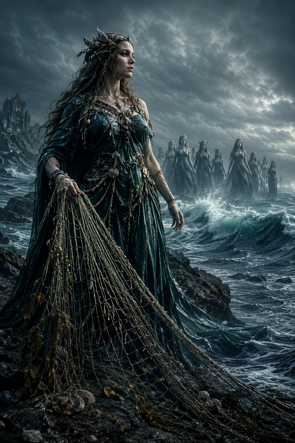 Ran in der nordischen Mythologie mit Fangnetz vor stürmischem Meer