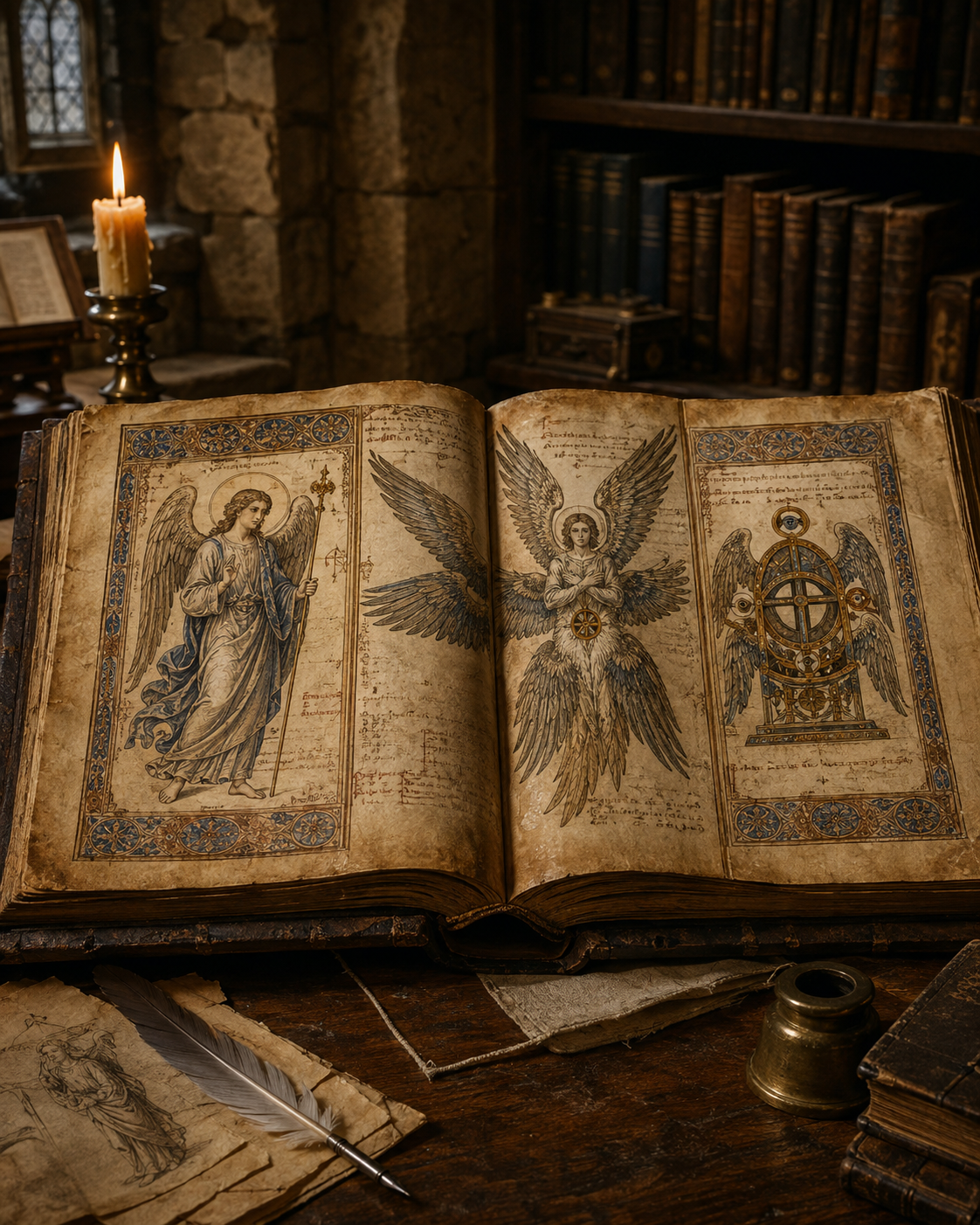Engel Nachschlagewerk mit historischem Manuskript, Engelsdarstellungen und Kerzenlicht in einer alten Bibliothek