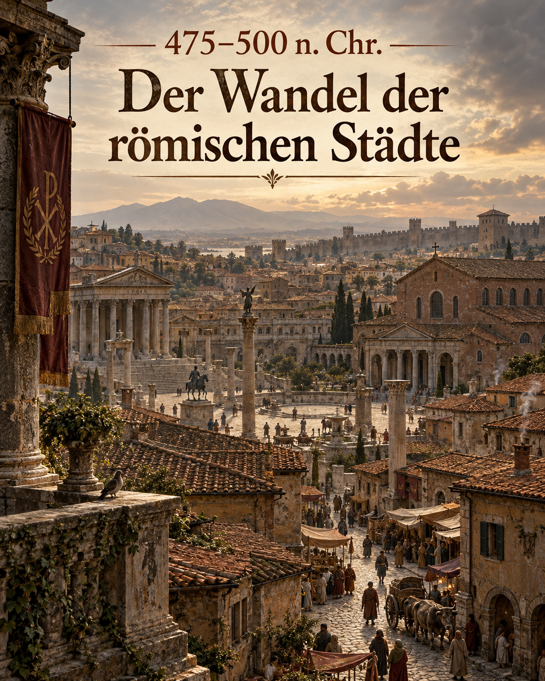 Stadtleben der Antike – Historische Darstellung einer römischen Stadt zwischen 475 und 500 n. Chr. mit Forum, Wohnhäusern, Markt und Kirchen.